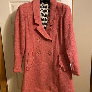 CAbi Pink Double Breasted Wool Fringe Tweed Pea Swing Coat, Size 6